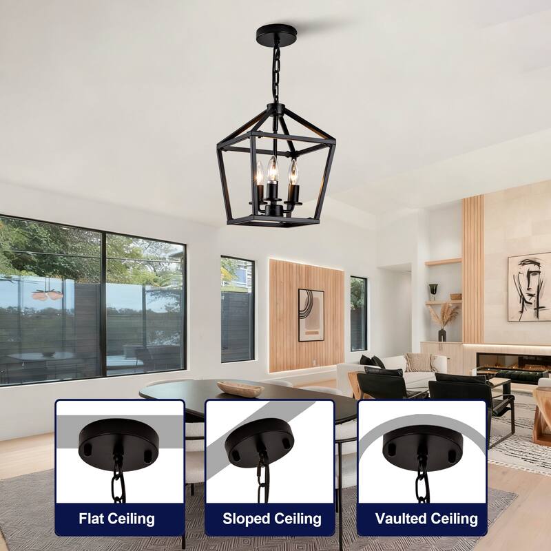 Farmhouse Lantern Chandelier 3-Light with Rustic Open Cage and Adjustable Hanging Height