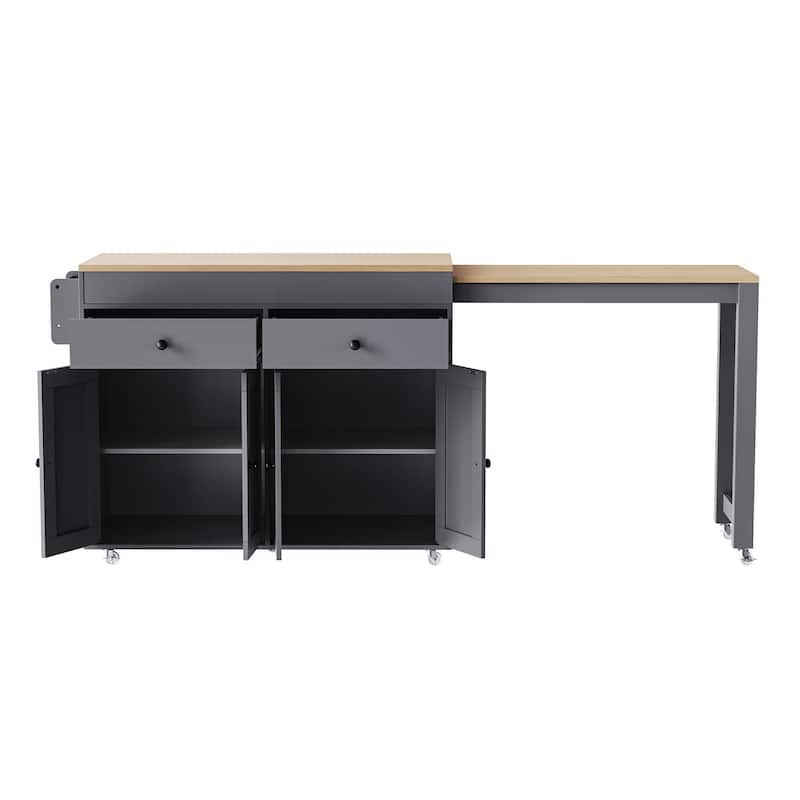 4 Door Kitchen Island Cart with Extendable Dining Table, Rolling Kitchen Island on Wheels with Spice Rack and 2 Drawers