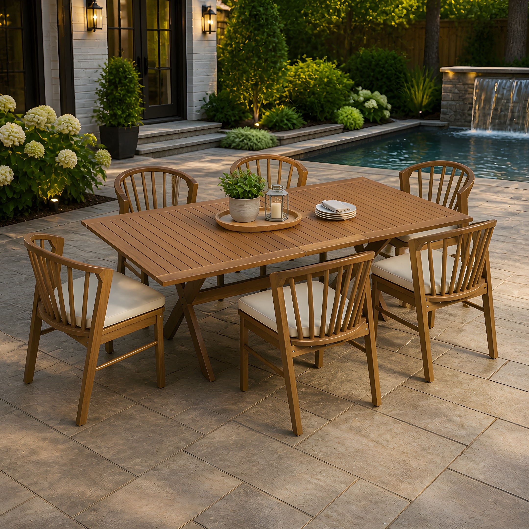 Christopher Knight Home - 7-Piece Outdoor Dining Set Solid Acacia Wood with Extendable Table and Cushioned Windsor Chairs