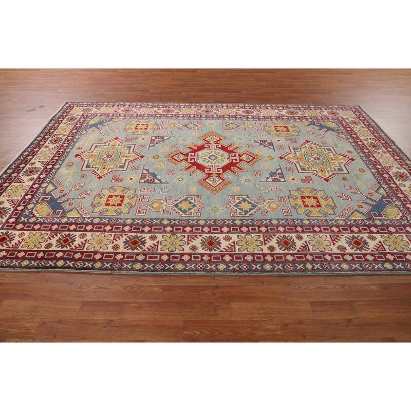 Hand Knotted Oriental 100% Wool Carpet Traditional Geometric Navy Blue & Blues Kazak Area Rug - 9' 8'' X 6' 6''