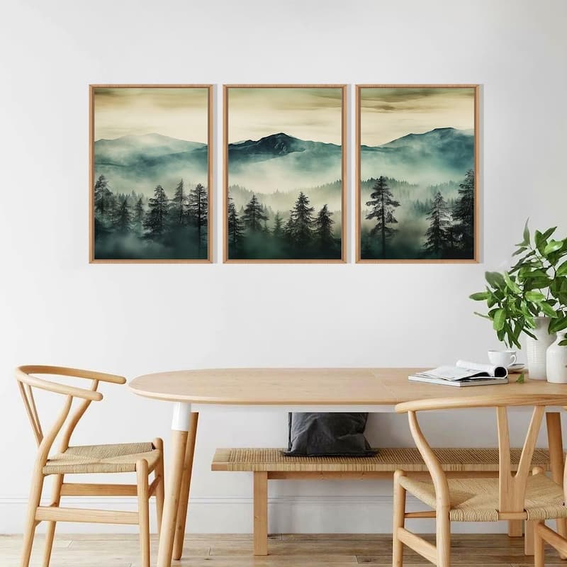 Green Foggy Forest Mountain Framed Canvas Wall Art Set