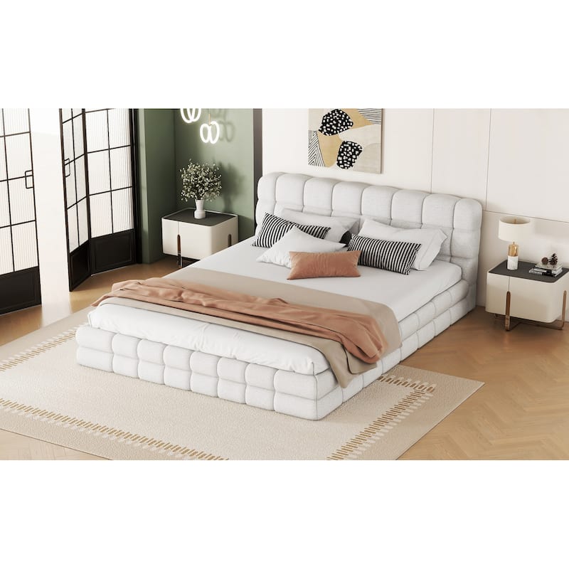 Queen Size Upholstered Platform Bed, White