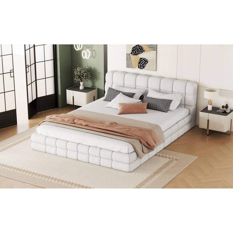 Queen Size Upholstered Platform Bed with Headboard, White