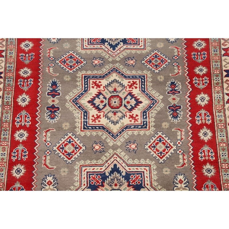 Geometric Kazak Oriental Area Rug Handmade Grey Wool Carpet - 5'0" x 6'6"