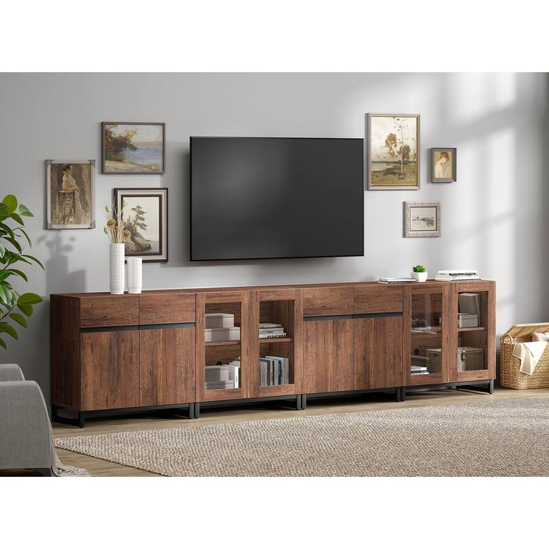 4 in 1 TV Stand for 120" TVs, Modern Entertainment Center with Glass Doors & Metal Legs - 126 inches - Brown