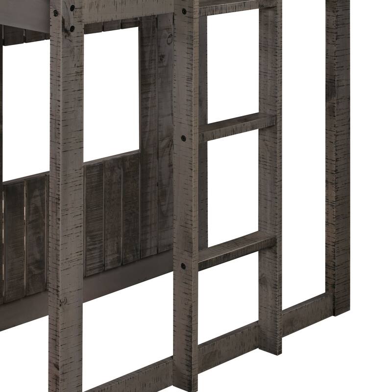 Wooden Twin Over Full Bunk Bed with Playhouse Design, Loft Bed with Ladder and Guardrails, Farmhouse Style