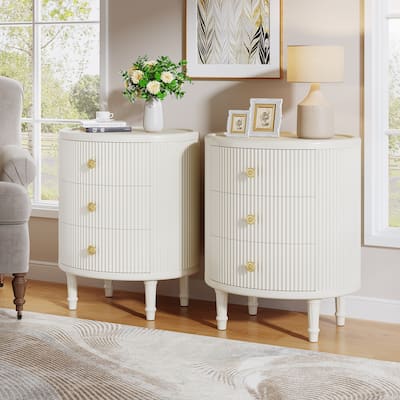 Oval End Table with 3 Storage Drawers and Gold Handles, White, No Assembly Required