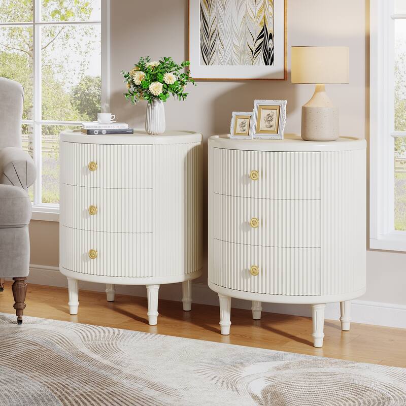 Side Table with 3 Drawers, No Assembly Required Oval End Table with Storage, White