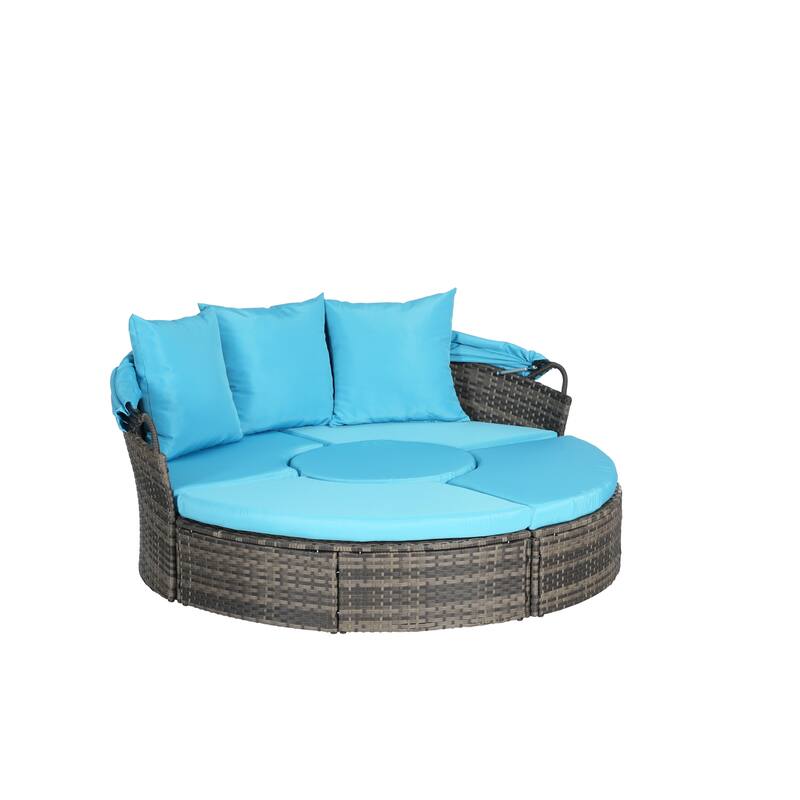 5 Pieces Outdoor Patio Rattan Round Daybed Sunbed with Retractable Canopy and Removable Cushions