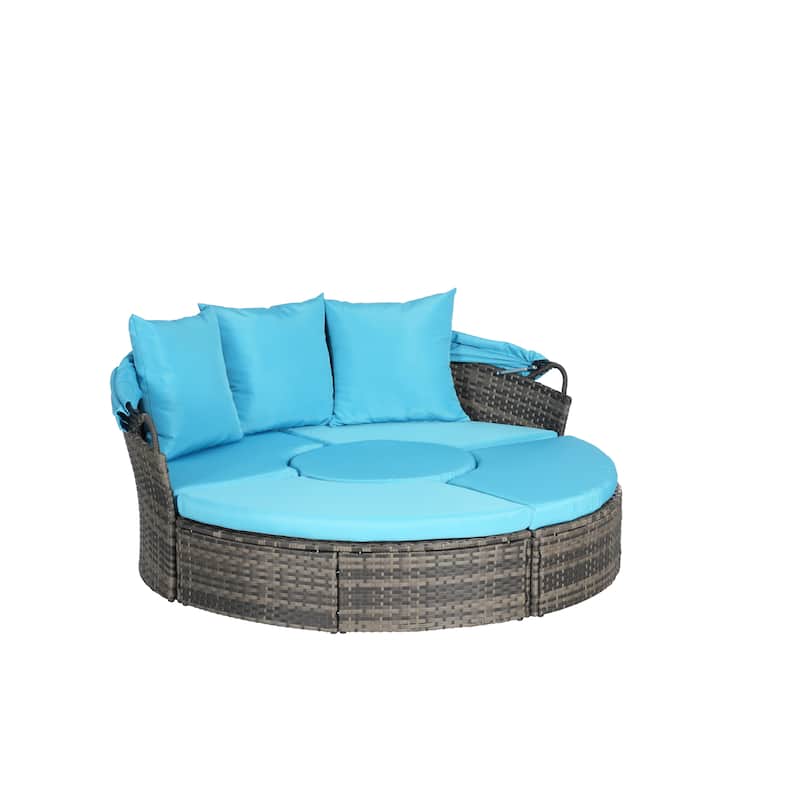 Outdoor Rattan Daybed Round Sunbed with Retractable Canopy, 5 Piece Sectional Patio Conversation Set with Storable Table