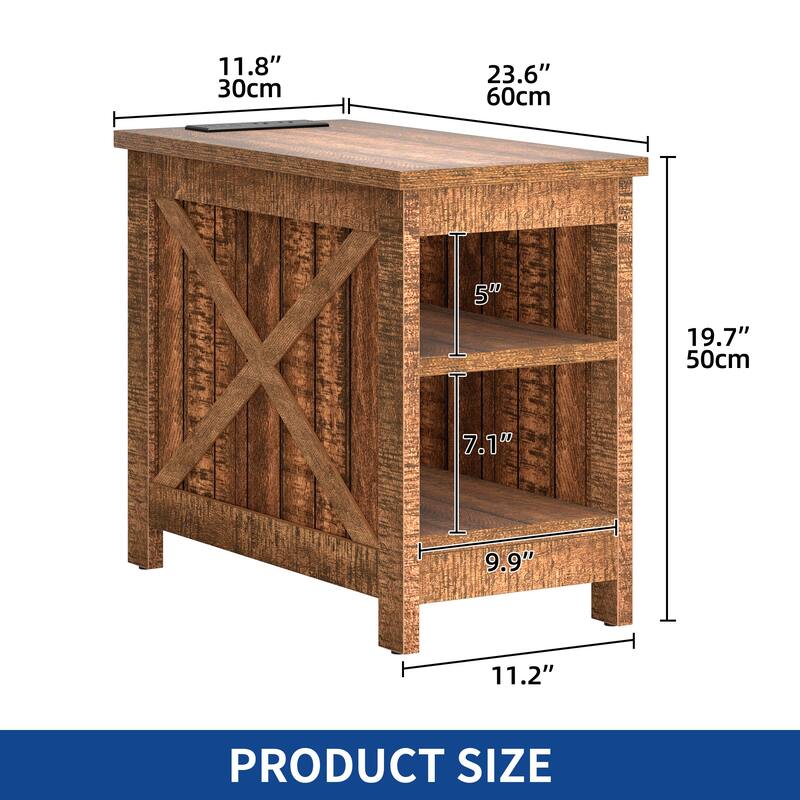Moasis Farmhouse End Side Table with Charging Station & Storage Shelves 2 Power outlets & 2 USB Ports
