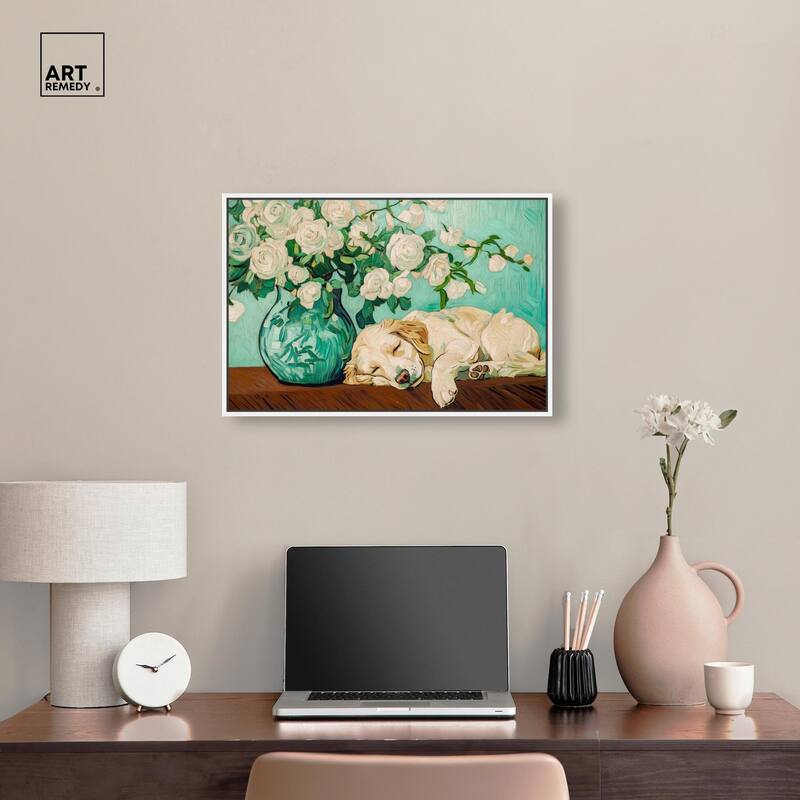 Rose Vase Puppy Canvas by Art Remedy