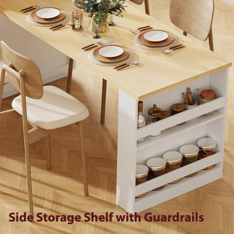 Rolling Kitchen Island w/Extendable Dining Table, Wooden Cupboard Spice Storage Cabinet w/Charging Station & 2 Side Open Shelves