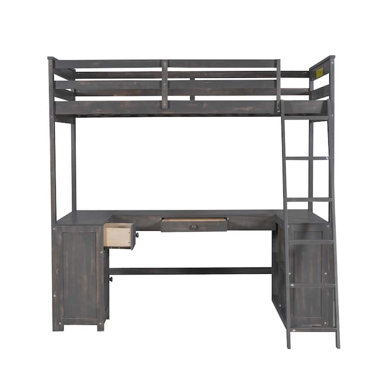 Antique Brown Twin Size Solid Wood Loft Bed with Desk, Blackboard, and Storage