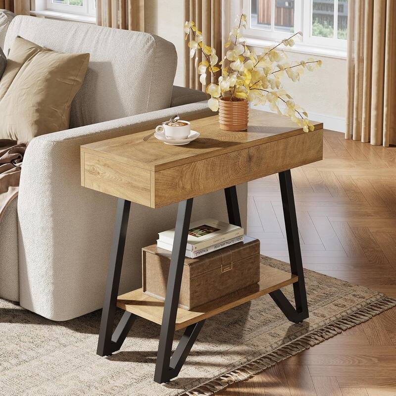 End Side Table for Living Room, Side Table with Storage Shelves, Small Bedside Nightstand