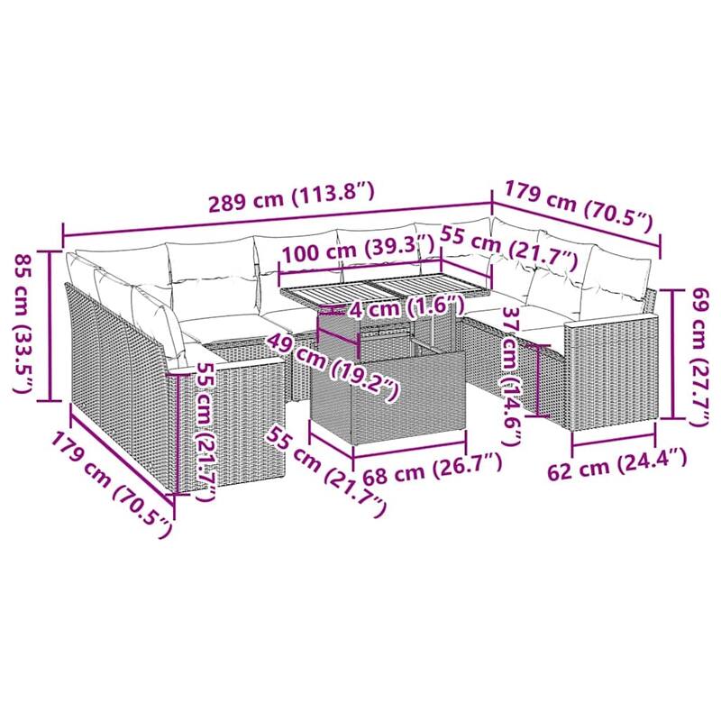 vidaXL 10 Piece Patio Sofa Set with Cushions Black Poly Rattan - 21.7 x 24.4 x 27.2