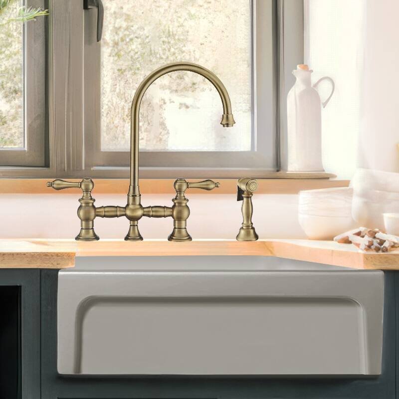 Vintage III Plus Bridge Faucet with Long Gooseneck Swivel Spout, Lever Handles and Solid Metal Side Spray