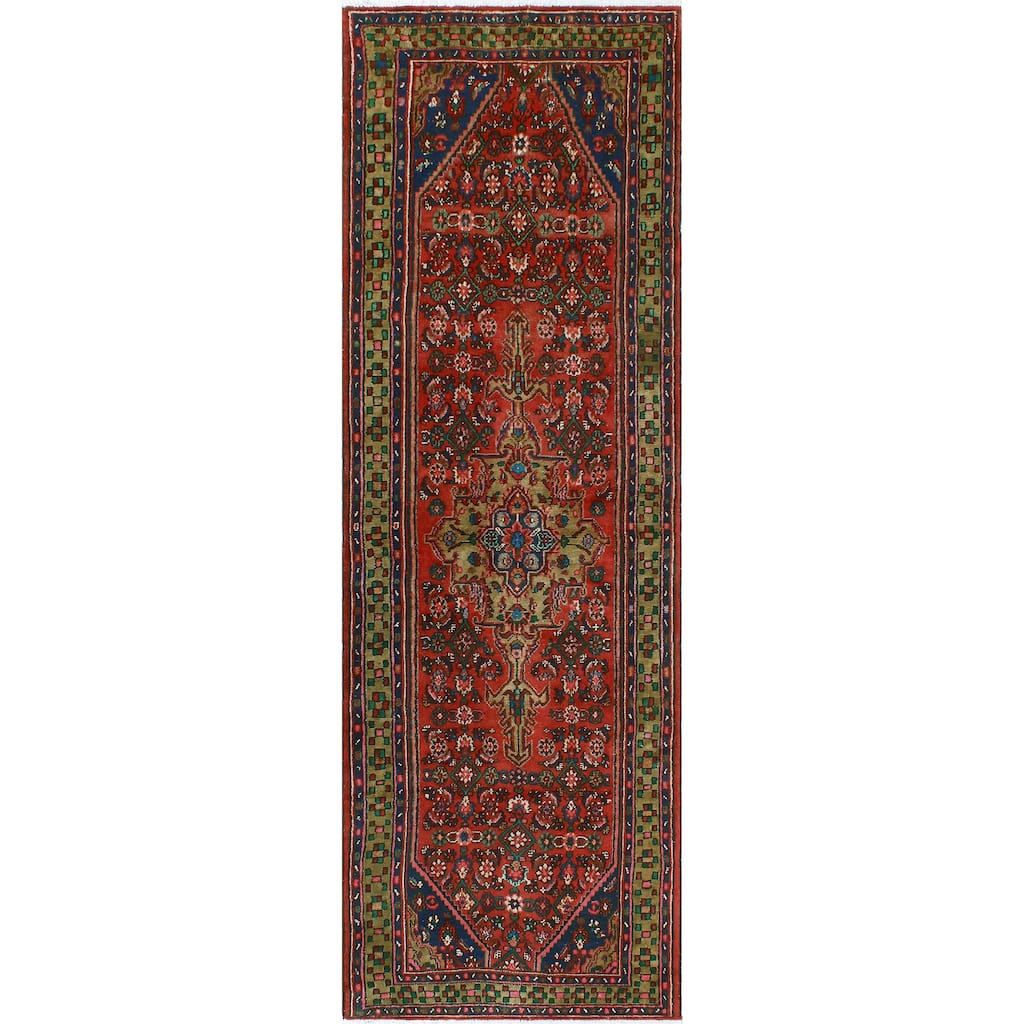 Fine Vintage Distressed Ercan Red/Navy Runner - 3'5" x 10'4"