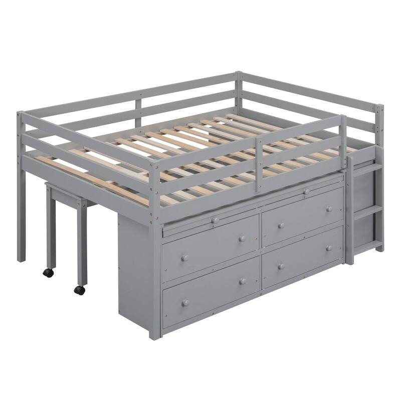 Twin/Full Size Low Loft Bed with Retractable Writing Desk and 4 Drawers, Wooden Loft Bedframe w/ Lateral Portable Desk & Shelves
