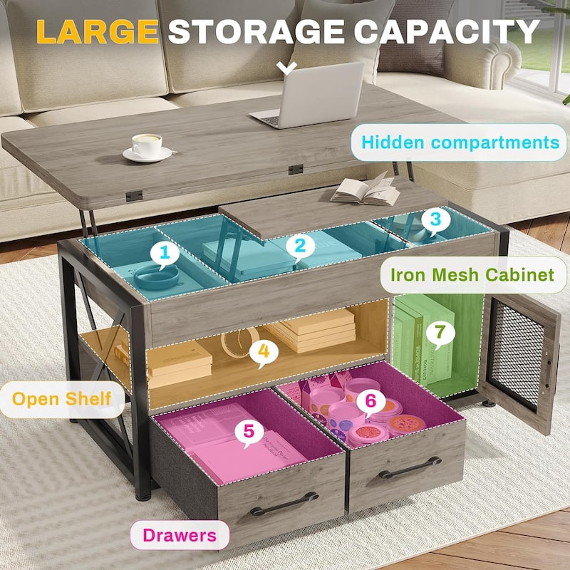 Lift Top Coffee Table Storage Cabinet 2 Fabric Drawers Living Room