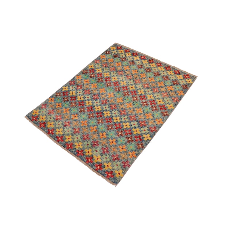 Modern Balochi Golden Blue/Red Hand Knotted Wool Rug - 3'4'' x 5'1''