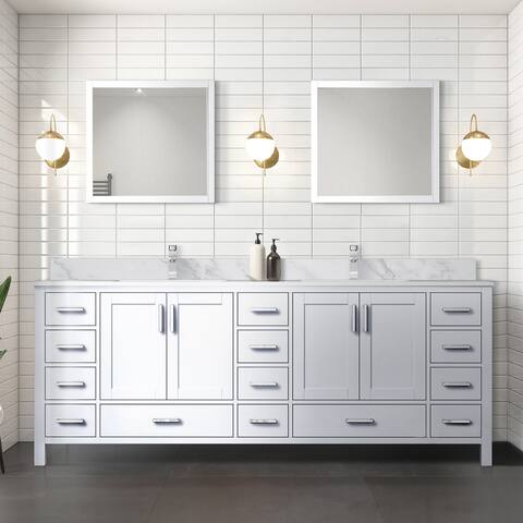 Jacques 84 in. W x 22 in. D Dark Grey Double Bath Vanity, Carrara Marble Top, and 34 in. Mirrors