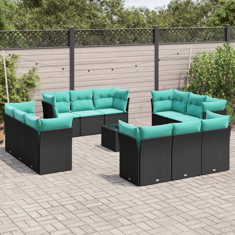 vidaXL 12 Piece Patio Sofa Set with Cushions Black Poly Rattan - 70.5x27.2x24.4-With table