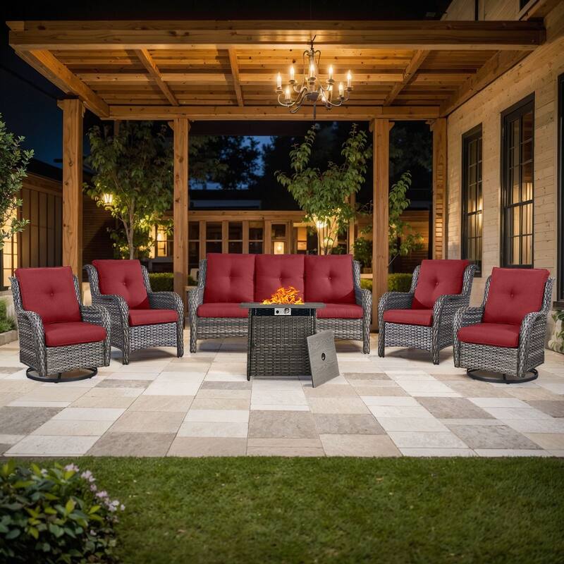 Pocassy 6 Pieces Fire Pit Table with Sofa Chairs - Grey Wicker Red Cushion - 6 Pieces Sofa Chairs with Fire Table