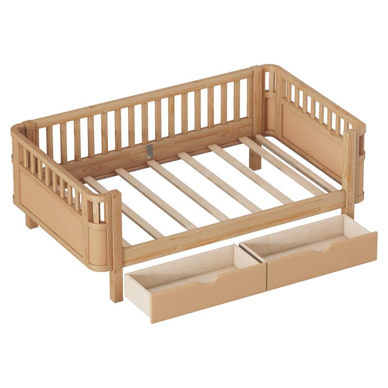 Wooden Daybed with Rails, Low Profile Platform Sofa Bed Frame with 2 Storage Drawers, No Box Spring Needed