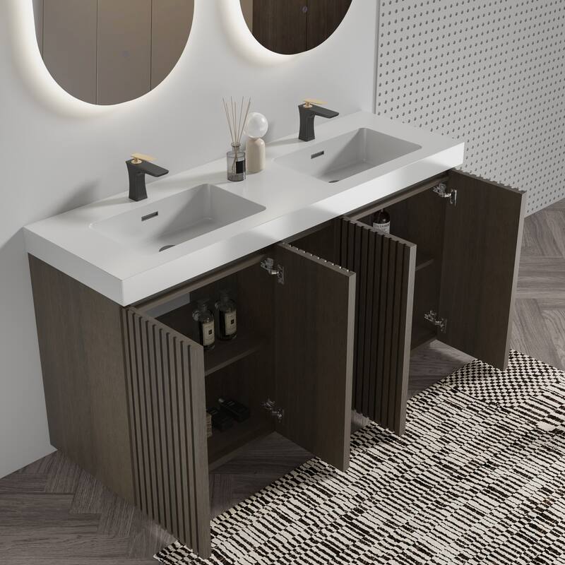 GDFStudio - Galan 60" Freestanding Bathroom Vanity with Quartz Sink, Solf Close Doors, Open Storage Shelf, NO Drain & Faucet