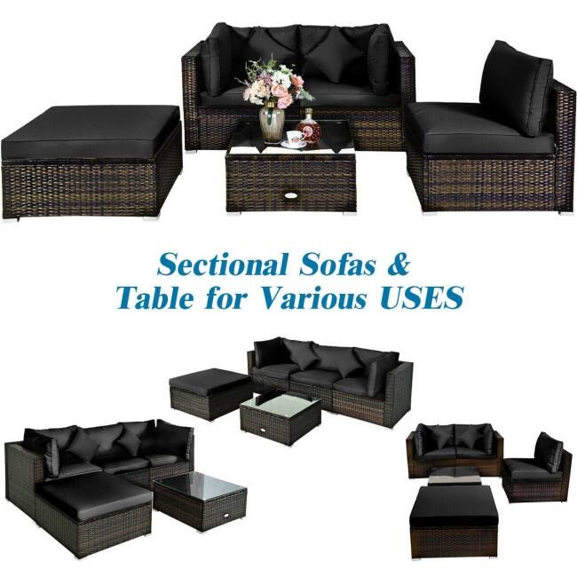 5 Pcs Outdoor Patio Rattan Furniture Set Sectional Conversation with Cushions - 29.5'' x 29.5'' x 25.5'' (L x W xH)