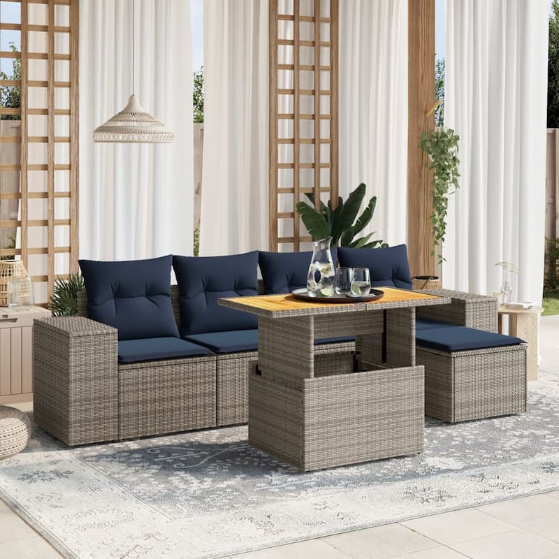 vidaXL Patio Sofa Set with Cushions Outdoor Furniture 6 Piece Poly Rattan - 21.7 x 21.7 x 14.6 - Grey