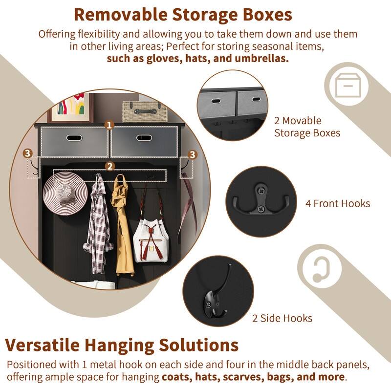 3-in-1 Design Hall Tree with 6 Hooks and Hinged Lid，Entryway Bench with Coat Hanger