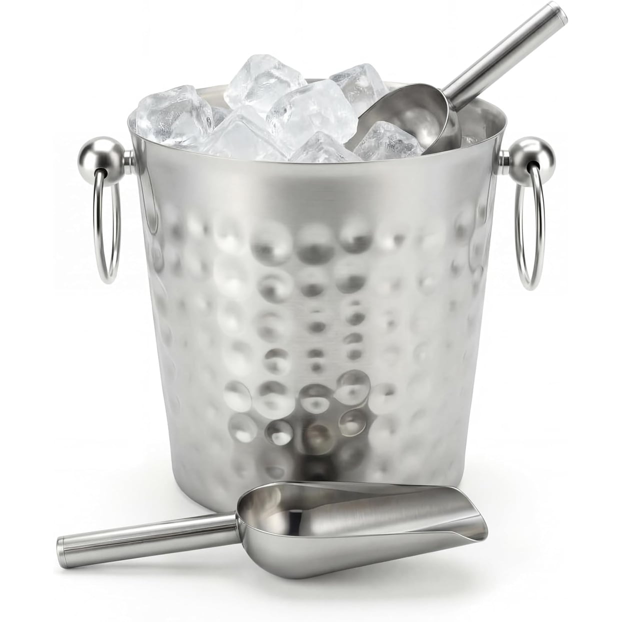 3L Stainless Steel Ice Bucket with Scoop, Hammered Ice Cooler