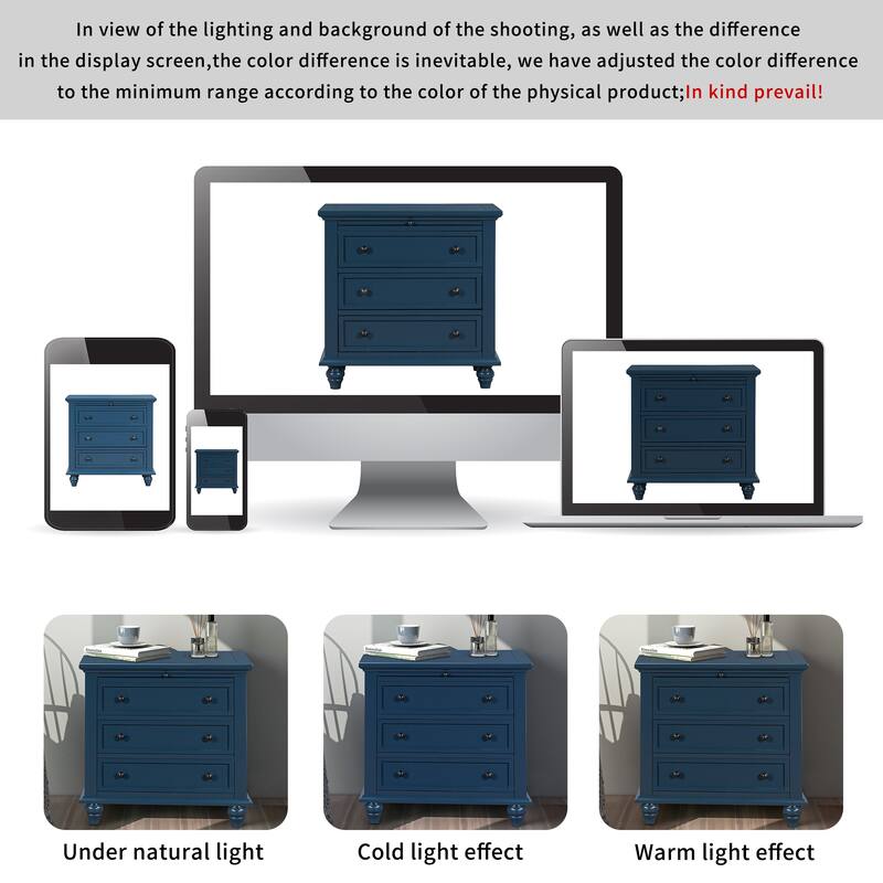 U_STYLE 28'' Pine Veneer Nightstand: 3 Drawers + Pull-Out Tray for Bedroom/Office