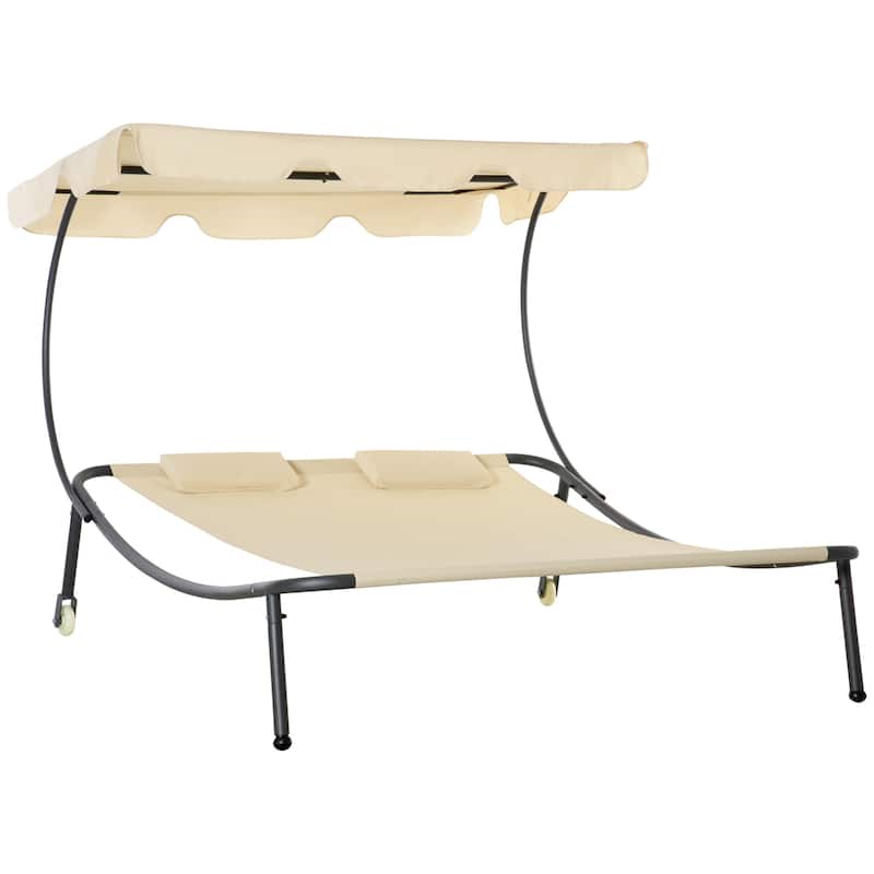 Outsunny Patio Double Chaise Lounge Chair, Outdoor Wheeled Hammock Daybed with Adjustable Canopy and Pillow