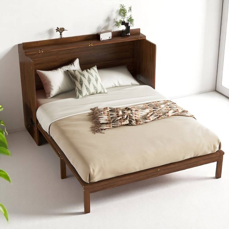 Space-Saving Queen Murphy Bed with Rattan Decoration, Power Station & Large Drawer