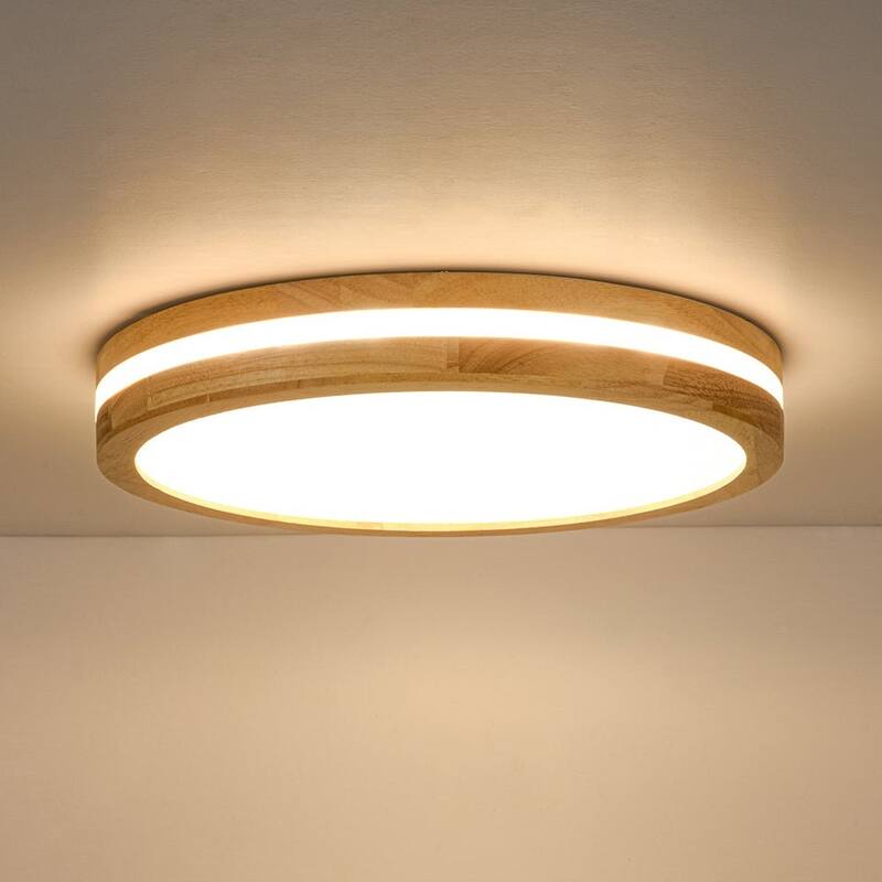 Coastal-style Circular Nested Halo Wood Dimmable LED Flush Mount - 15.7 in