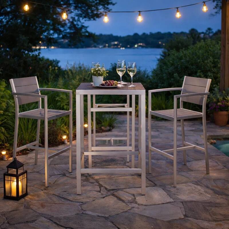 Kylo 5 Piece Bar Table Set, Gray Polyresin Backs and Seats, Aluminum Frame