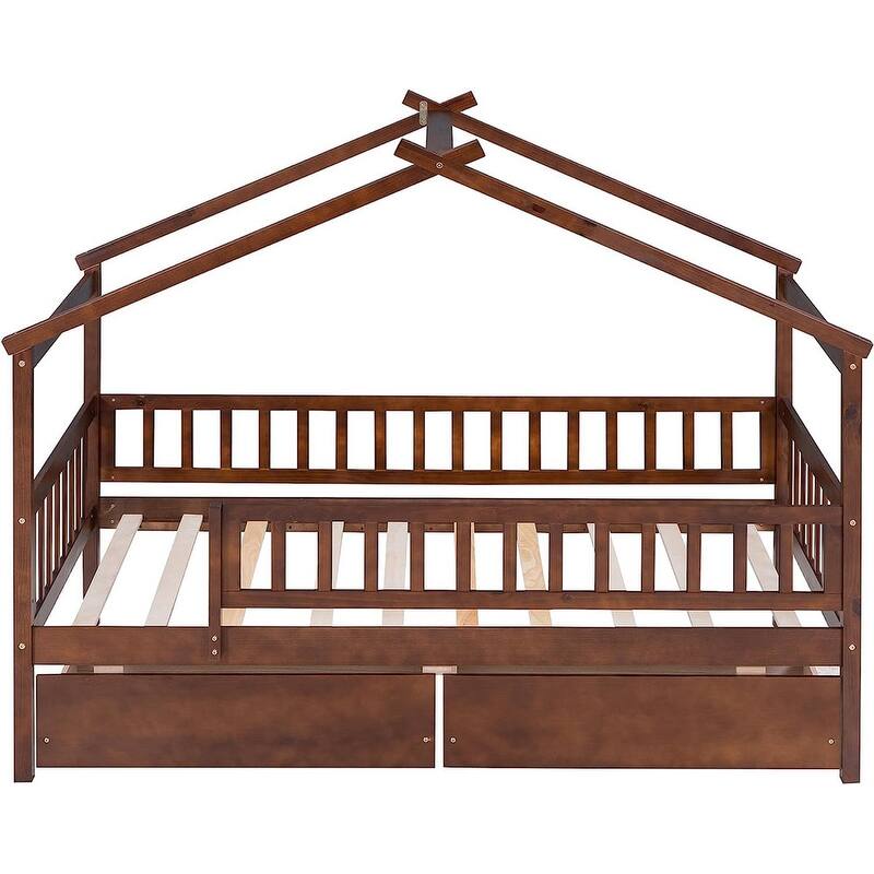 Twin House Bed with 2 Storage Drawers,Rails and Roof for Kids