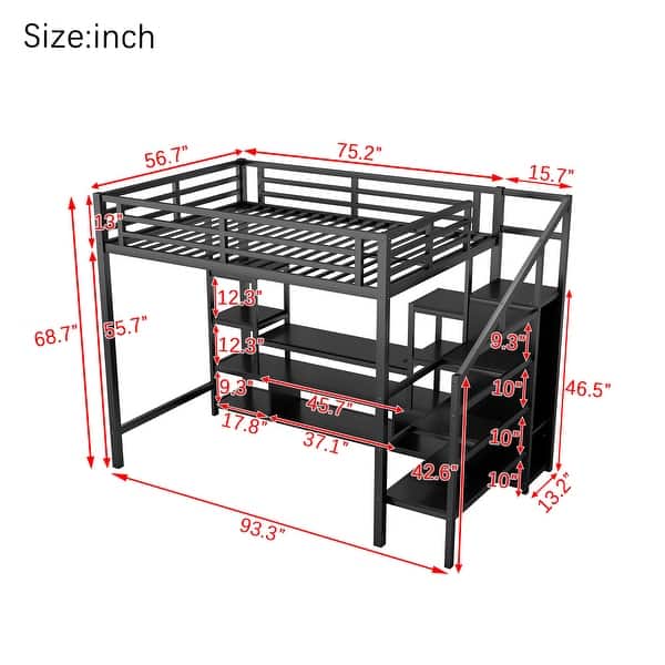 dimension image slide 1 of 2, Full Size High Metal Loft Bed Frame with Entertainment TV Stand, Shelves, LED Light Strip, Charging Station, Staircase Wardrobe