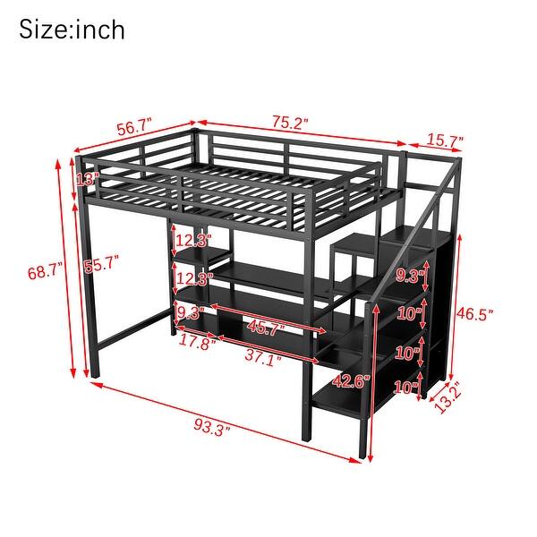 dimension image slide 1 of 2, Full Size Metal Loft Bed with Stairs, Wardrobe, TV Stand with Storage, and LED Lights, Charging Station