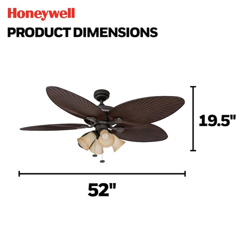 52" Honeywell Palm Island Bronze Indoor/Outdoor Ceiling Fan with Light, Pull Chain, 5 Palm Leaf Blades