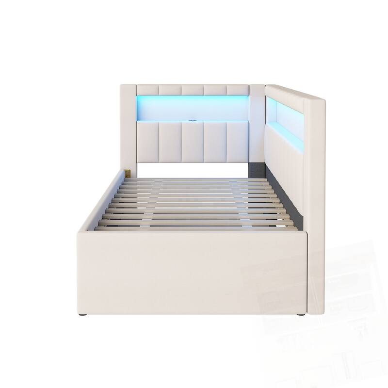 Upholstered Platform Bed with USB Ports and LED Belt With Trundle