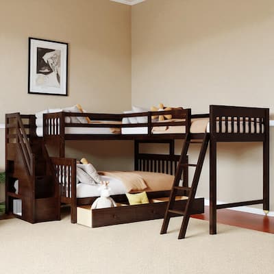 Twin Over Full L-Shaped Bunk Bed with Staircase, Storage Drawers and Shelves, Wood Frame for Kids or Teens