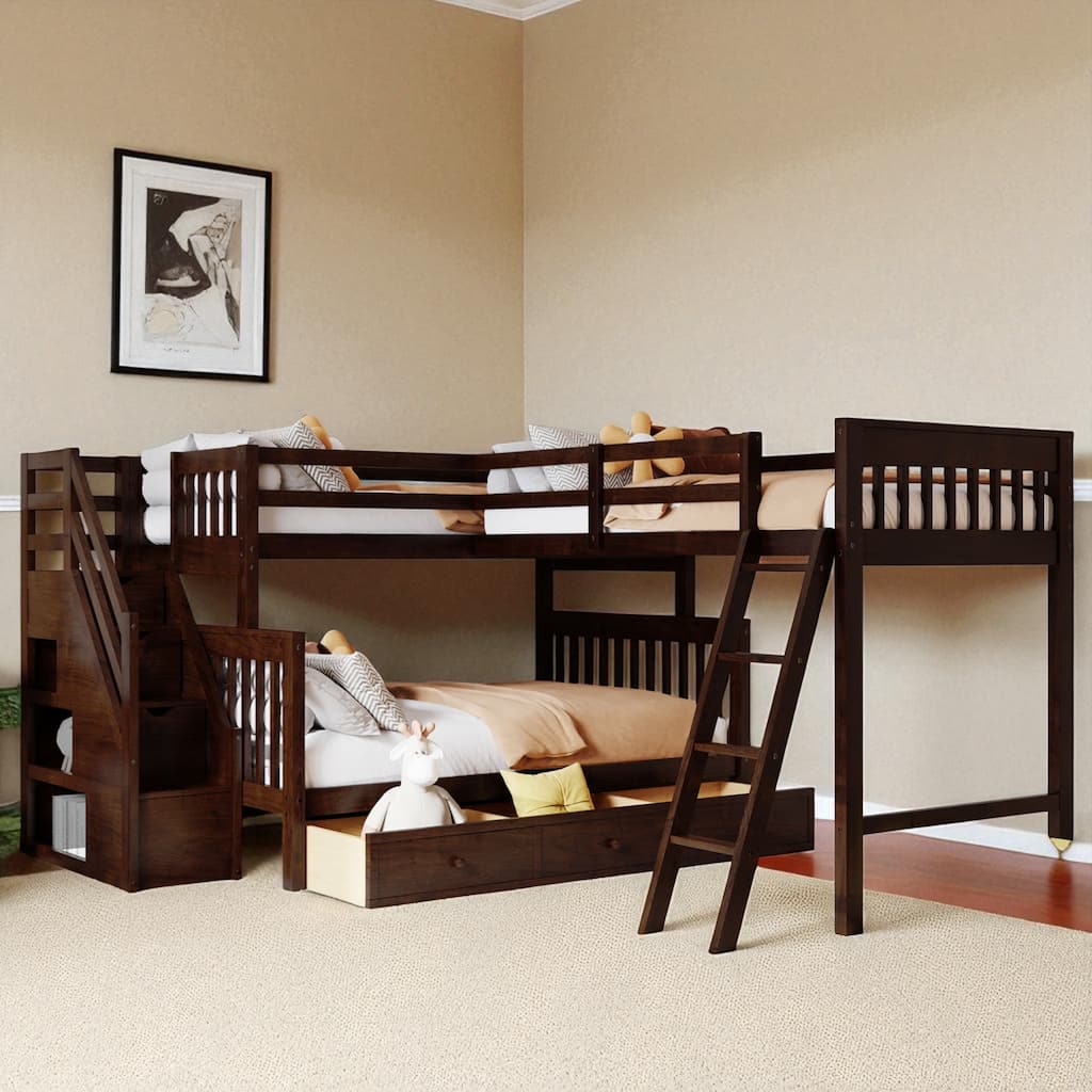 Twin Over Full L-Shaped Bunk Bed with Staircase, Storage Drawers and Shelves, Wood Frame for Kids or Teens