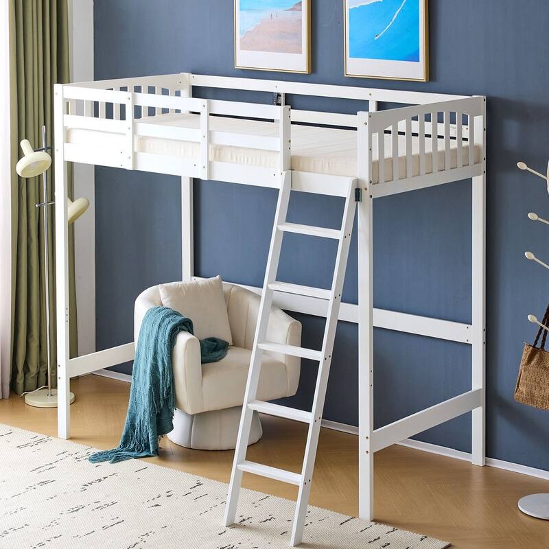 Solid Wood Loft Bed with USB Charging Station/LED with Flat Rungs,No Box Spring Needed - White - Full