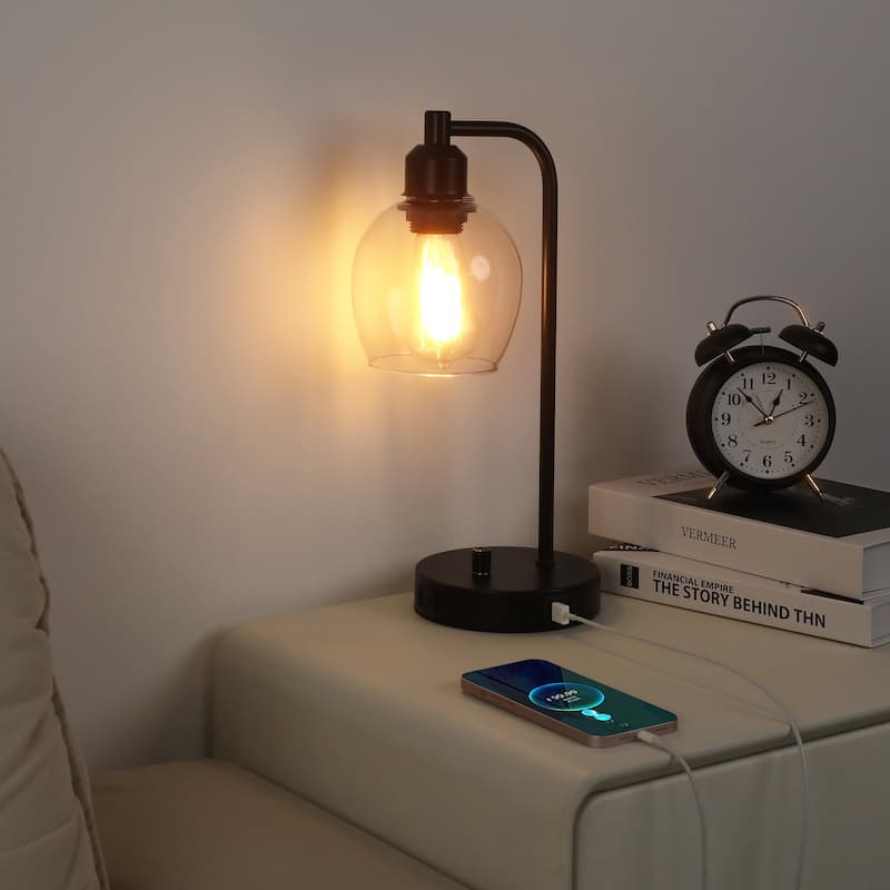 14.5 in. Industrial Table Lamp with Glass Shade with USB Port and Outlet