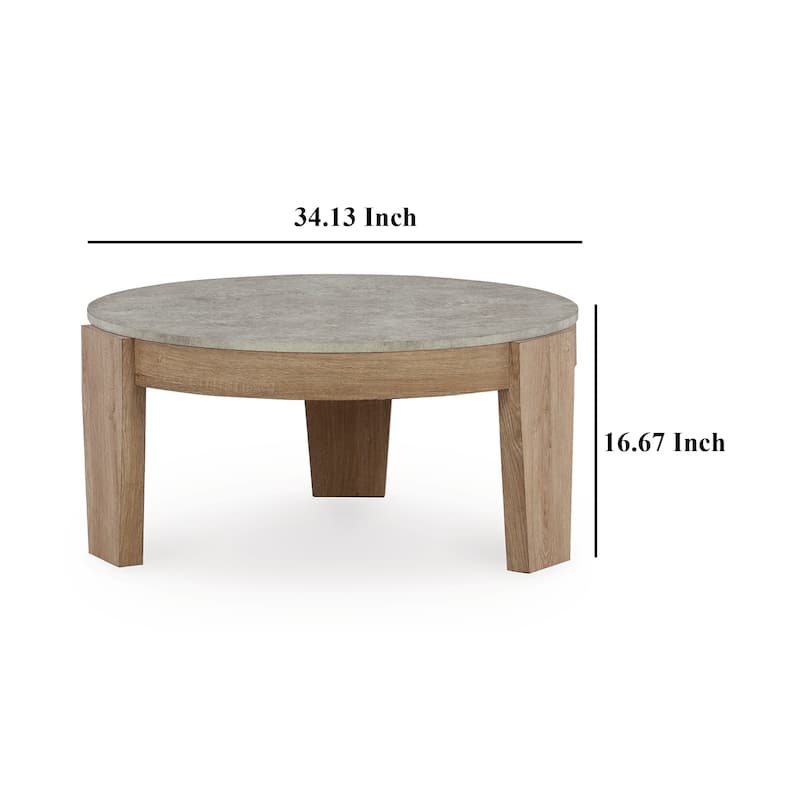 Hena 3pc Coffee and End Table Set, Round Gray Faux Cement, Brown Wood