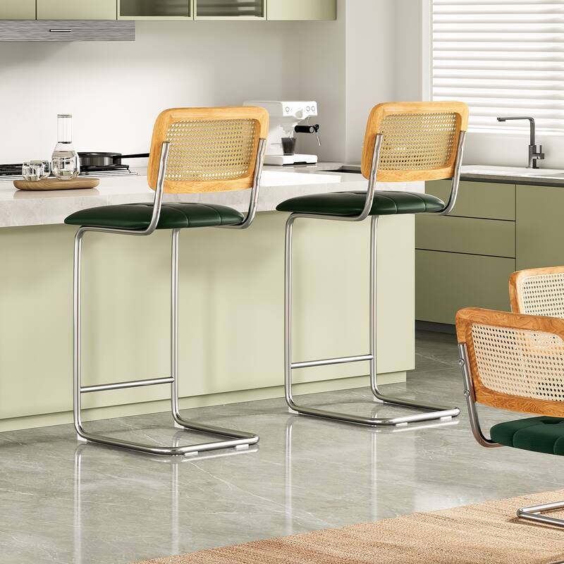 Counter Height Bar Stools Set Of 2, Upholstered Barstools With Rattan Back,30 Inch Stools Armless Bar Chairs